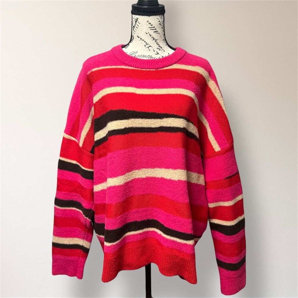Diane Von Furstenberg XL Red Pink‎ Striped Wool Cashmere Blend Cozy Knit Sweater